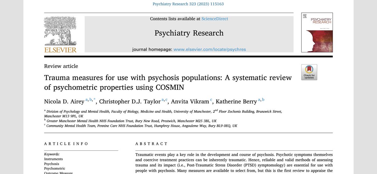 Pleased to share this new OA systematic review of #trauma measures in #psychosis - led by @nicola__airey, with Prof @kberry76, Anvita Vikram and I. This is the 1st review of psychometrics of trauma measures in psychosis @Penninecareres1 @PennineCareNHS sciencedirect.com/science/articl…