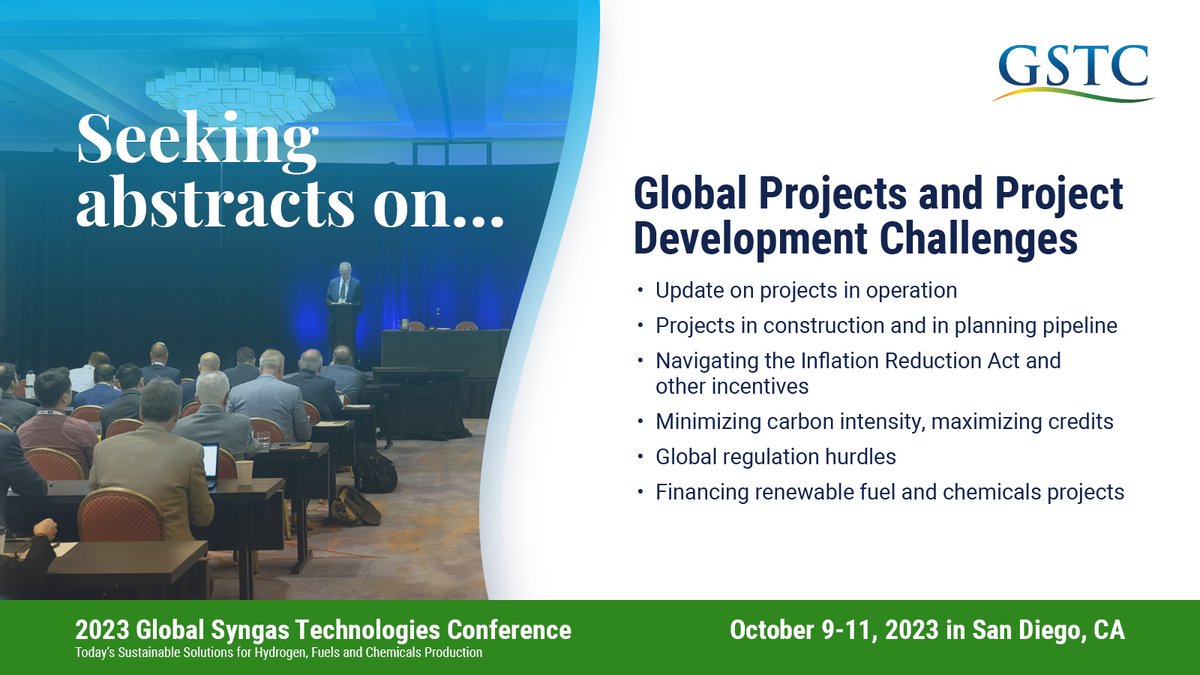 Global_Syngas's tweet photo. Seeking abstracts on Global #projects  and Project #development  Challenges. Get your abstract in to wepreston@globalsyngas.org or bphillips@globalsyngas.org by May 1! https://t.co/AqacndbvCj