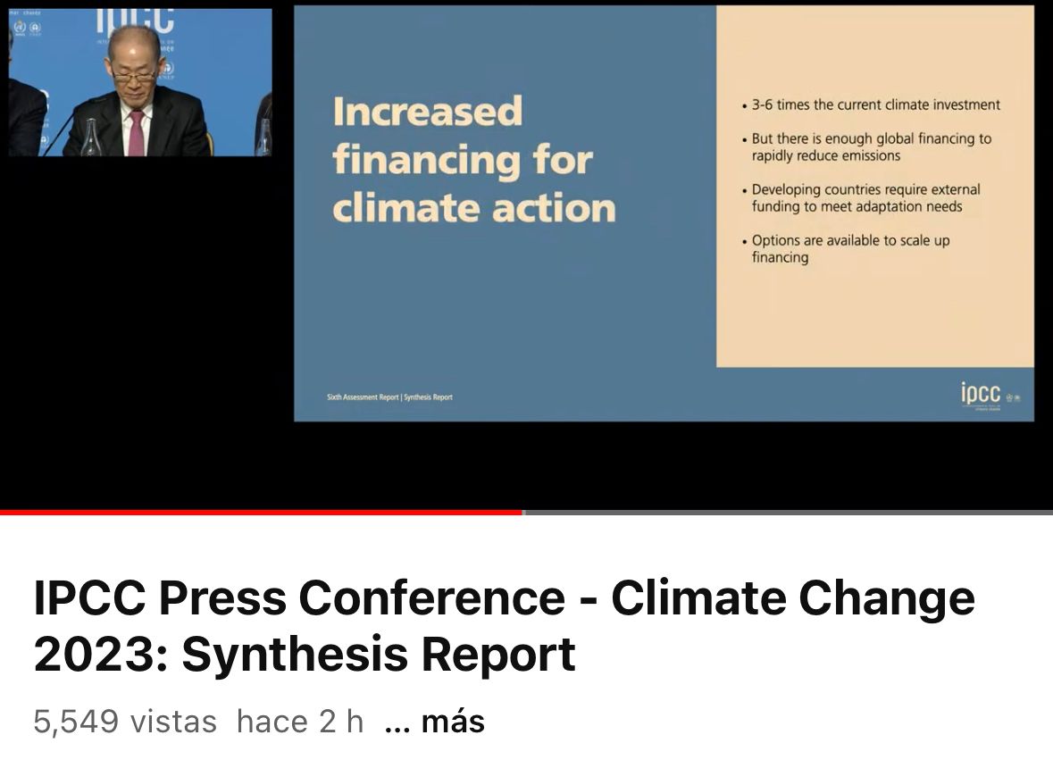 "El reporte muestra que el camino a un futuro mas justo, sostenible y seguro para todos requiere aumetnar los flujos financieros en materia de CC de 3 a 6 veces. (...) No es solo la cantidad de dinero, si no donde es alocado lo que importa" 
expresó Hoesung Lee, chair del IPPC.