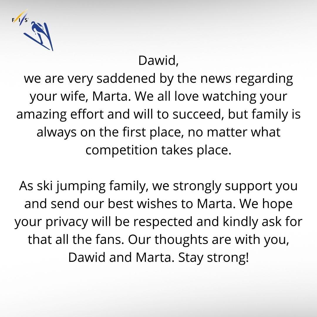 FISskijumping's tweet photo. Dawid, our thoughts are with you! We wish all the best to you and Marta. 

#fisskijumping #skijumpingfamily https://t.co/kqjS38oTGi