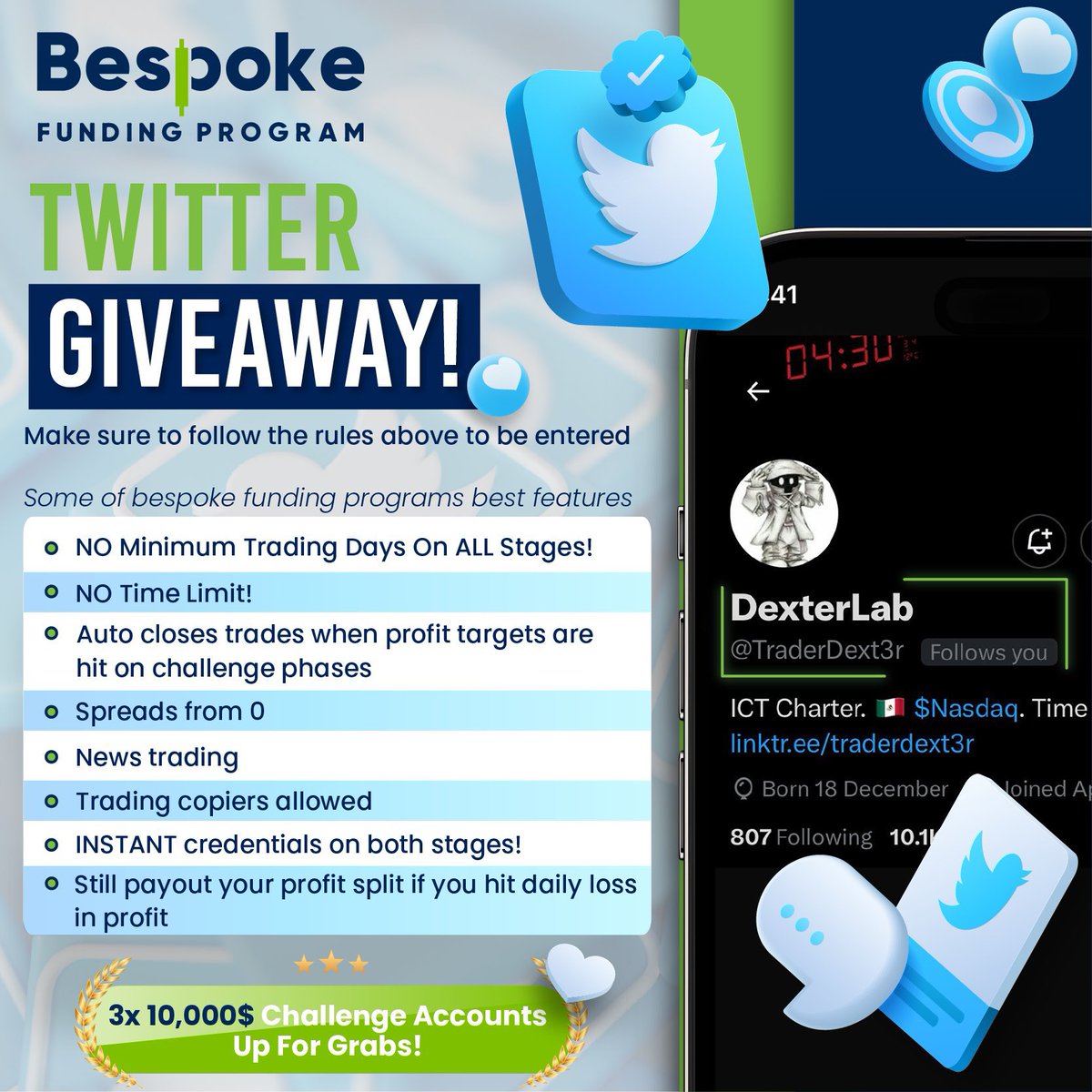 Bespoke Funding Program Prop Firm Account Giveaway!! (3 x 10,000$).
-48 Hrs- (Wednesday Time Limit)

Follow 
<a href="/TraderDext3r/">DexterLab</a>

Follow 
@Bespoke_Funding

Join the discord 

discord.gg/8Kxguwfg

Like, retweet and tag your favorite traders. 

Good luck!