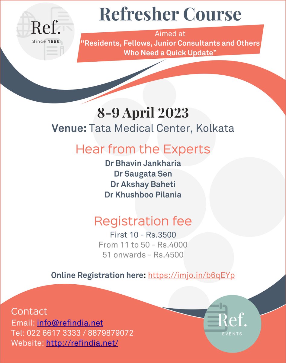 The @refindia physical Resident's Refresher Course being held on 8-9 April at Tata Medical Center, Kolkata.
Register at refindia.net/current-past-r…

#radres #radtwitter @FOAMrad @RadioGyan @DrVikasShah @samrad77 @radRounds @radiologistpage @radiologynation @RadiologySigns @bhavinj