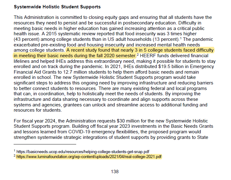 bmckib's tweet image. Thank you @usedgov for highlighting the importance of helping college students meet their basic needs in your FY 24 budget request. We must turbocharge efforts to connect students to public benefits, tax benefits, and other supports.