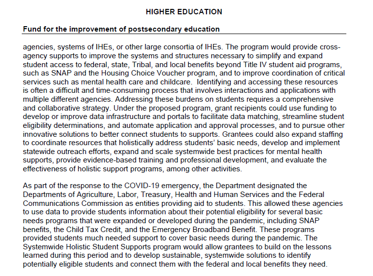 bmckib's tweet image. Thank you @usedgov for highlighting the importance of helping college students meet their basic needs in your FY 24 budget request. We must turbocharge efforts to connect students to public benefits, tax benefits, and other supports.