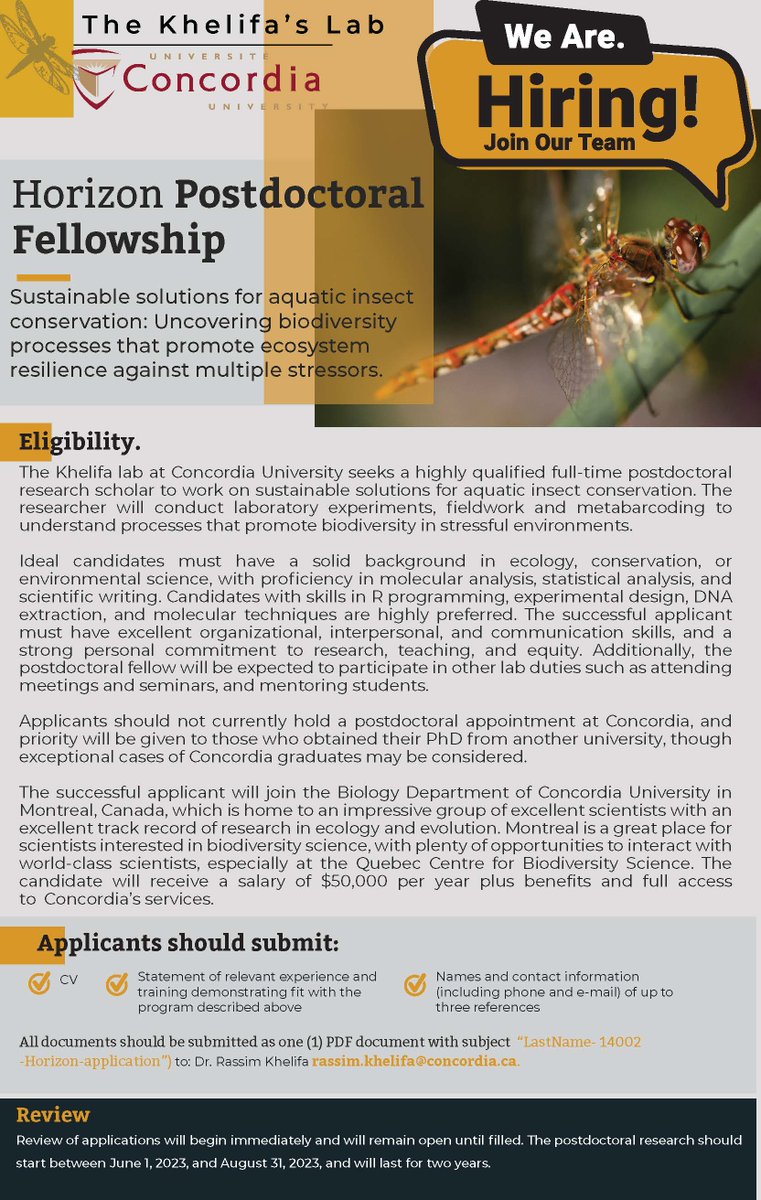 🚨🚨🚨Job Alert! Please RT! A 2-year Postdoc funded by the Horizon Postdoctoral Fellowship @Concordia 🇨🇦 (Montreal). $50,000 per year plus benefits. Come and join the Khelifa's Lab @biologyatCU! #ecology #GlobalChange #sustainability concordia.ca/sgs/postdoctor…