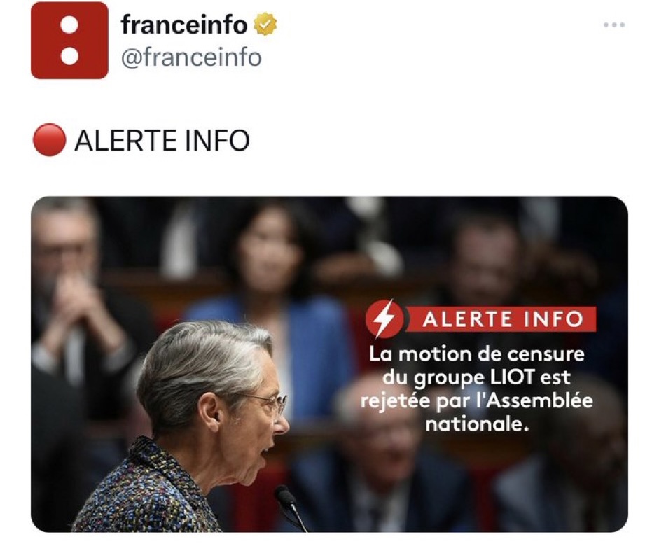 Mediavenir's tweet photo. ❌🇫🇷 Petit couac du côté de #FranceInfo, qui a annoncé le rejet de la motion de censure transpartisane, alors que le vote n’a pas encore eu lieu. #reformedesretraites #MotionDeCensureTransPartisane https://t.co/0BJJvmwiOK