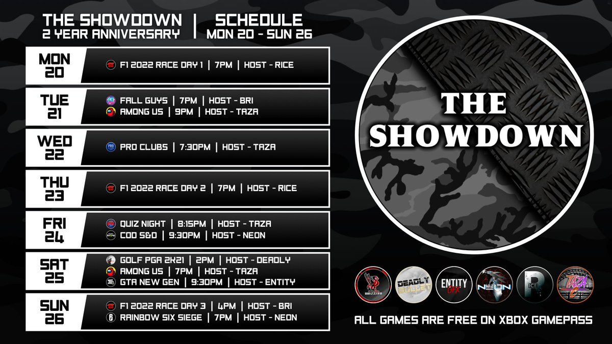TAZA_C88's tweet image. Don't miss out on some quality streams this week. Come get involved in the Week Long Showdown Anniversary Celebrations. Join Discord and get involved
 discord.gg/7U7baB8B5a

#twitchtv #twitchstreamer #gamer @THE_SHOWDOWN_