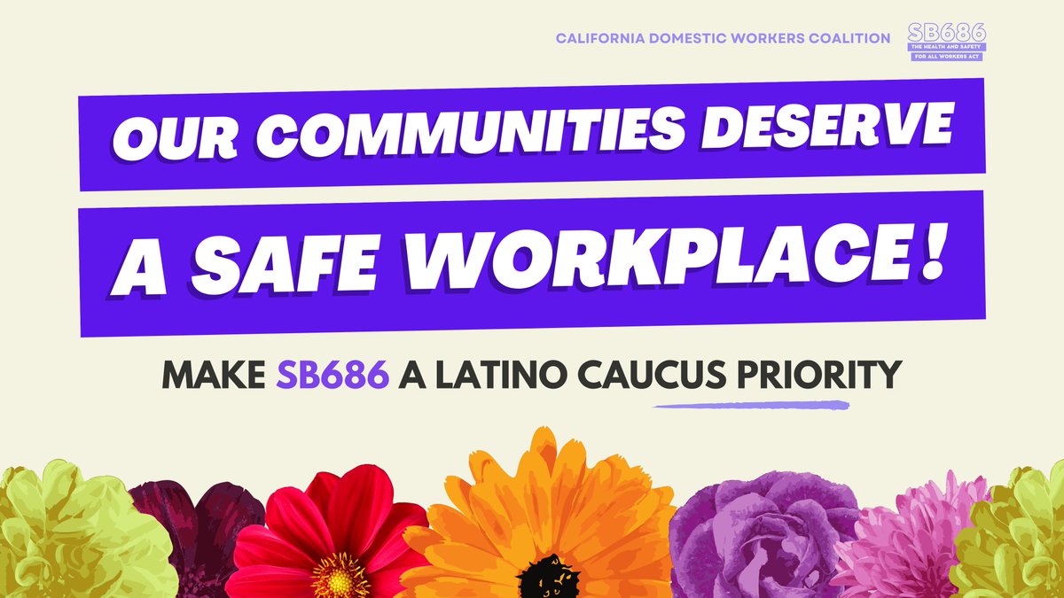 CADomesticWorker (@cadomesticwrker) on Twitter photo Let’s ensure that every worker has a safe workplace! Please vote to make SB686 a priority for the #LatinoCaucus <a href="/AsmAguiarCurry/">Cecilia Aguiar-Curry</a> @AsmRobertRivas <a href="/MSantiagoAD54/">Miguel Santiago</a> <a href="/AlvaradoGilSD4/">Senator Marie Alvarado-Gil</a> <a href="/MoniqueLimonCA/">Senator Monique Limón</a> <a href="/SenStevePadilla/">Senator Steve Padilla</a> <a href="/SenSusanRubio/">Senator Susan Rubio</a> @AsmDavidAlvarez
#SB686 #CAleg #MyHealthMyDignity Let’s ensure that every worker has a safe workplace! Please vote to make SB686 a priority for the #LatinoCaucus <a href="/AsmAguiarCurry/">Cecilia Aguiar-Curry</a> @AsmRobertRivas <a href="/MSantiagoAD54/">Miguel Santiago</a> <a href="/AlvaradoGilSD4/">Senator Marie Alvarado-Gil</a> <a href="/MoniqueLimonCA/">Senator Monique Limón</a> <a href="/SenStevePadilla/">Senator Steve Padilla</a> <a href="/SenSusanRubio/">Senator Susan Rubio</a> @AsmDavidAlvarez
#SB686 #CAleg #MyHealthMyDignity