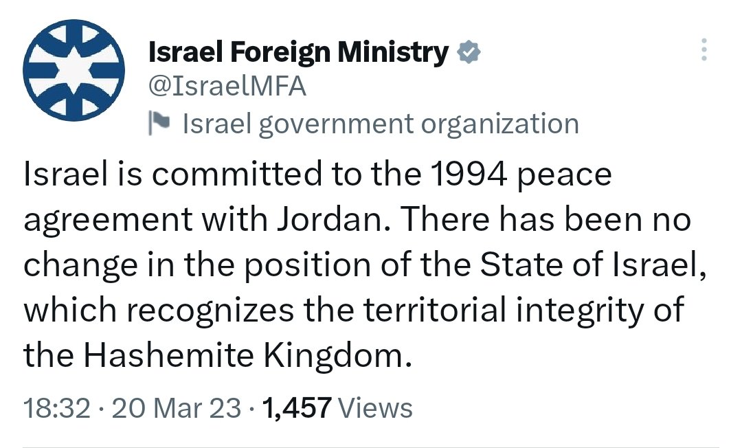 EpshtainItay's tweet photo. #Israel's foreign ministry had to clarify to #Jordan that it recognizes its territorial integrity, despite the fact that a senior Israeli minister clearly doesn't. Who are we to believe? https://t.co/jlauxwIi50