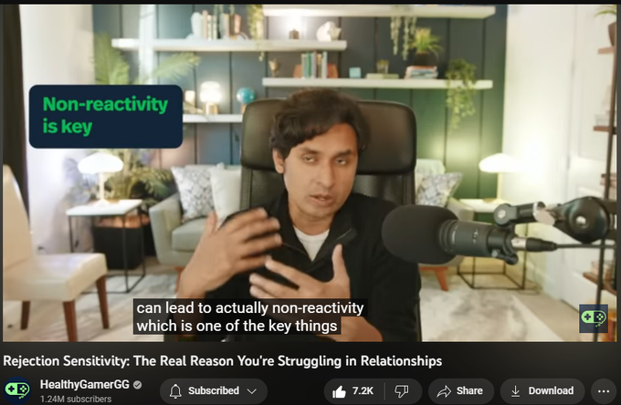 Rejection Sensitivity: The Real Reason You're Struggling in Relationships
HealthyGamerGG
1.24M subscribers
https://www.youtube.com/watch?v=ACI7xDjajPg
Rejection sensitivity is actually an Adaptive survival mechanism to non-ideal environment growing up. Extreme example: not feeling safe, secure. Children learn how can I read any subtle sign to avoid pissing them off.
If they blame you for their bad mood and then punish you for annoying them then you will become sensitive to rejection. You walk on egg shelves, you're hyper-vigilant to mood. Can tell within second, it is so rapid, go in survival mode.
Anxious expectation. Sensitive to rejection always worry and expecting rejection. You constantly thinking or waiting to be rejected. So you can't just be yourself and relax. You have to constantly think about how this person is going to respond.
Ready Perception. This means there is neutral stimuli that you will perceive as negative. Someone don't respond. Your brain will interpret neutral s