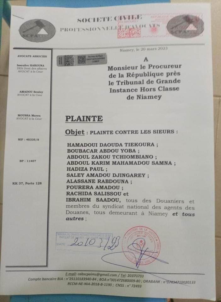 AhmadouAtafa's tweet photo. #Niger :
Les admis au concours pour le compte de la Douane ont déposé, ce 20 mars 2023, une #plainte contre les membres du Syndicat National des Agents de Douane (#SNAD) pour entrave à l'exécution d'une décision de #justice. https://t.co/AeZWHVQeCB