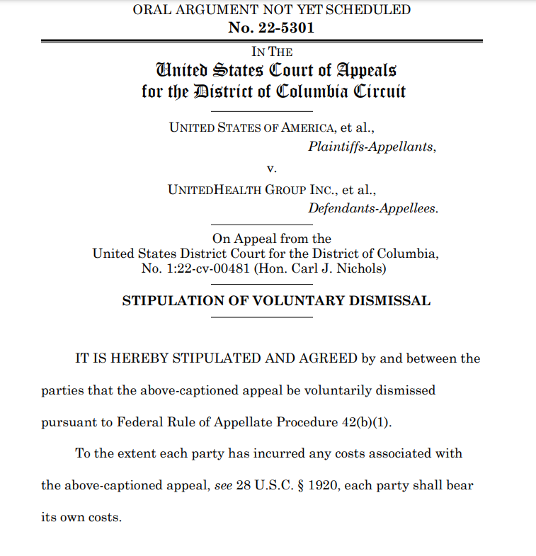 bkoenig94's tweet photo. In with a long delay, out without firing a shot? @JusticeATR just dropped its appeal of its loss challenging the @UHC/@Change_HC merger. Without so much as filing its opening brief. And this after the dept waited a month &amp; a half to say it'd appeal at all https://t.co/HKCWHvrIoD