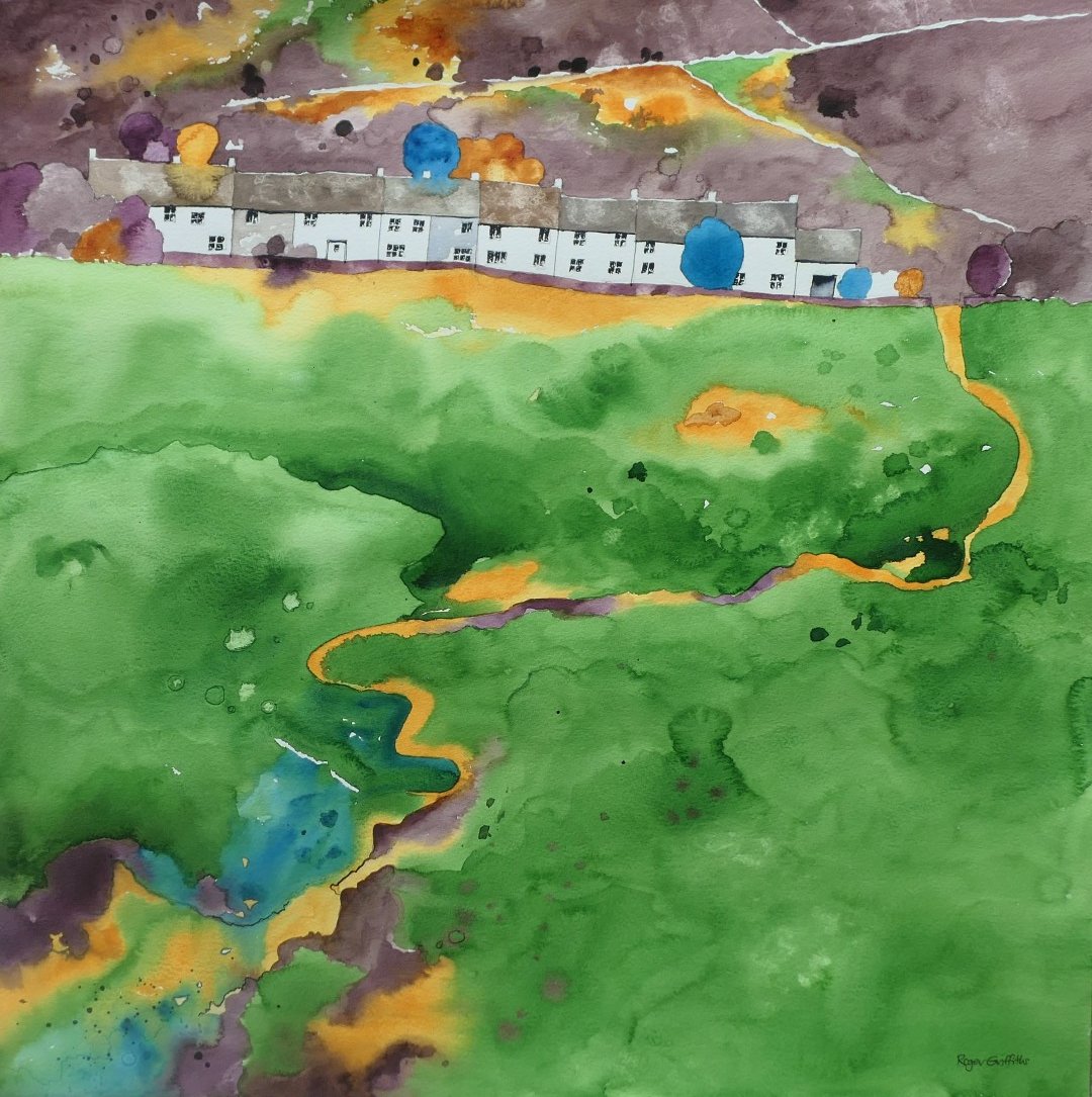 "Denthead cottages, Dales Way, Yorkshire" watercolour. From the Dales Way along the upper part of the Dentdale valley these cottages sit below the open moorland. There is a striking contrast between the managed pasture and the wilder landscape above. #watercolourpainting