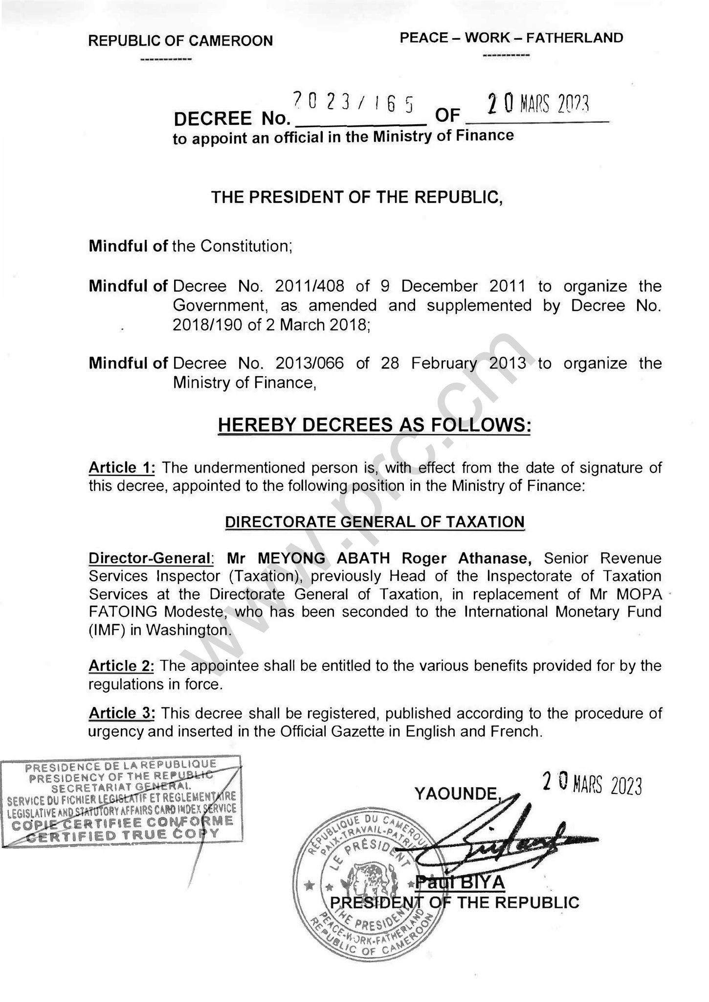 President Paul BIYA on Twitter "Mr Meyong Abath Roger Athanase shall