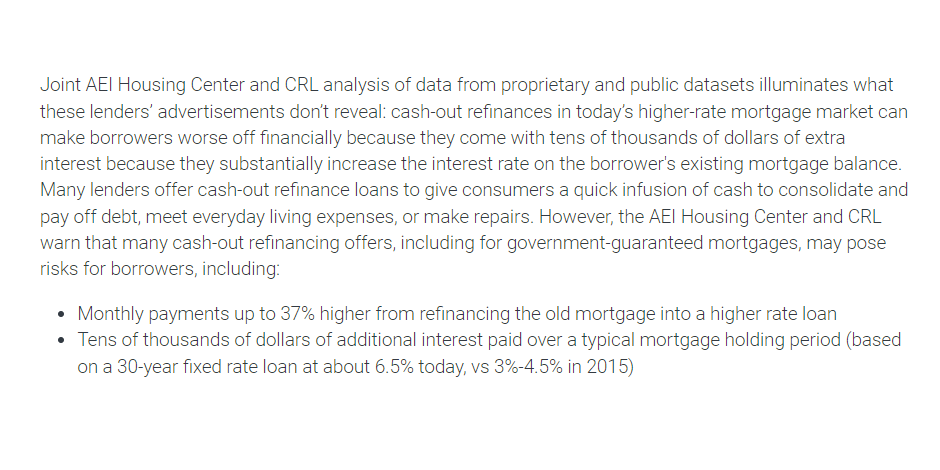 Center for Responsible Lending (@crlonline) on Twitter photo Alluring Cash-out Refinance Offers Can Be Financial Trap for Homeowners: New research from <a href="/AEI/">American Enterprise Institute</a> and CRL raises concerns that government guarantee policies are promoting the use of “the house as an ATM” by lower-wealth, cash-constrained buyers.
responsiblelending.org/media/alluring… Alluring Cash-out Refinance Offers Can Be Financial Trap for Homeowners: New research from <a href="/AEI/">American Enterprise Institute</a> and CRL raises concerns that government guarantee policies are promoting the use of “the house as an ATM” by lower-wealth, cash-constrained buyers.
responsiblelending.org/media/alluring…