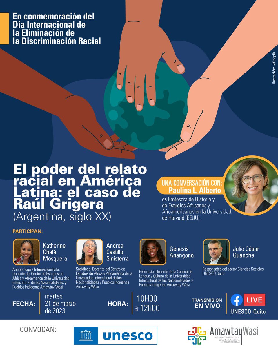 UNESCO en Ecuador #educación #cultura #ciencia #CI (@unescoquito) on Twitter photo Por el Día Internacional de la Eliminación de la Discriminación Racial, <a href="/UNESCOQuito/">UNESCO en Ecuador #educación #cultura #ciencia #CI</a>,
<a href="/uamawtaywasi/">Universidad Amawtay Wasi</a> y su Centro de Estudios sobre Africa y Afroamérica, invitan al conversatorio "El poder del relato racial en América Latina: el caso de Raúl Grigera
(Argentina, siglo XX)" Por el Día Internacional de la Eliminación de la Discriminación Racial, <a href="/UNESCOQuito/">UNESCO en Ecuador #educación #cultura #ciencia #CI</a>,
<a href="/uamawtaywasi/">Universidad Amawtay Wasi</a> y su Centro de Estudios sobre Africa y Afroamérica, invitan al conversatorio "El poder del relato racial en América Latina: el caso de Raúl Grigera
(Argentina, siglo XX)"