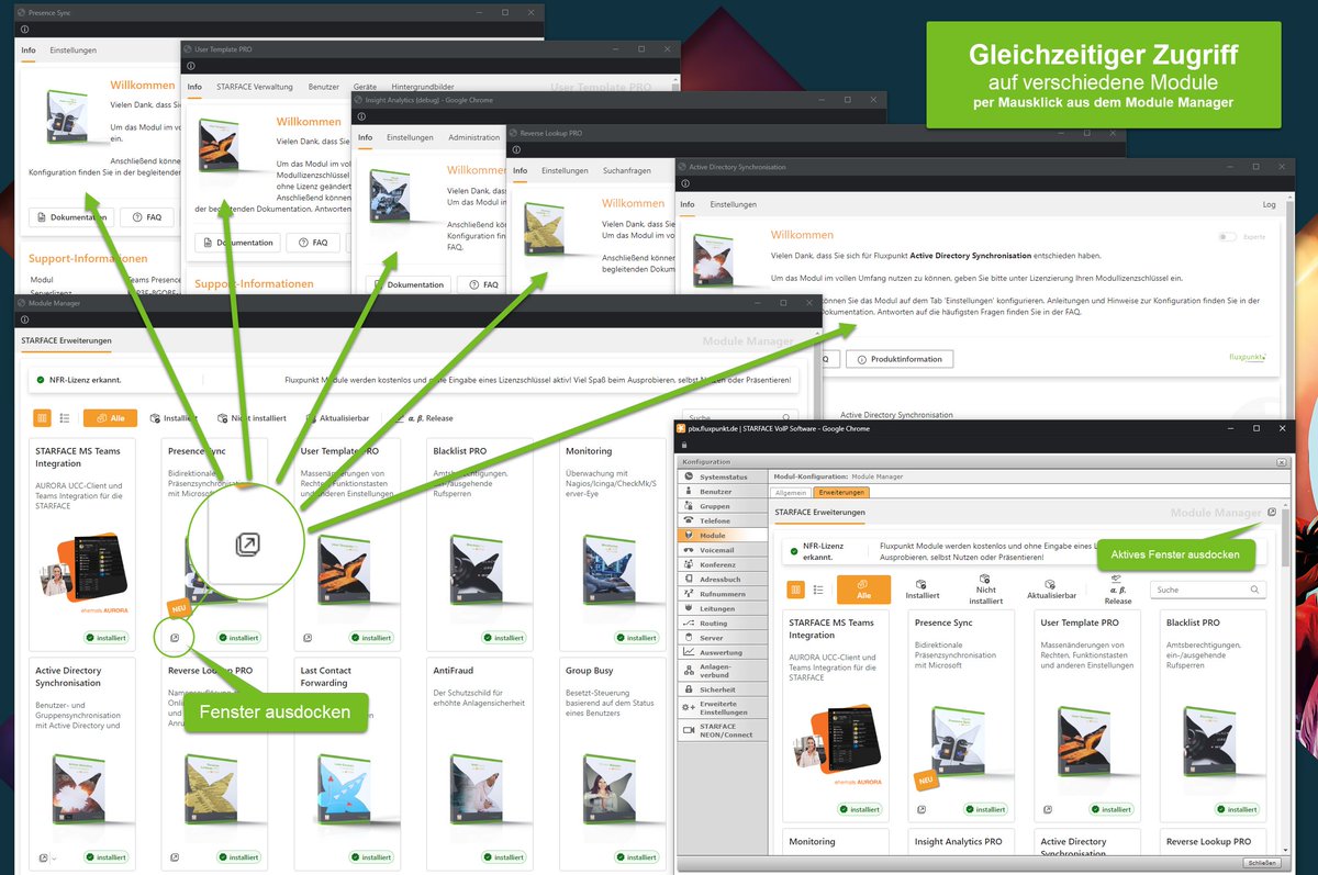 fluxpunkt's tweet image. Mit dem #ModuleManager für #STARFACE per Klick gleichzeitig auf eine Vielzahl von Modulen zugreifen:
✓ Module mit einem Klick öffnen (auch bei mehreren Modulkonfigurationen)
✓ Modulkonfigurationen aktivieren/deaktivieren
✓ Konfigurationsfenster ausdocken