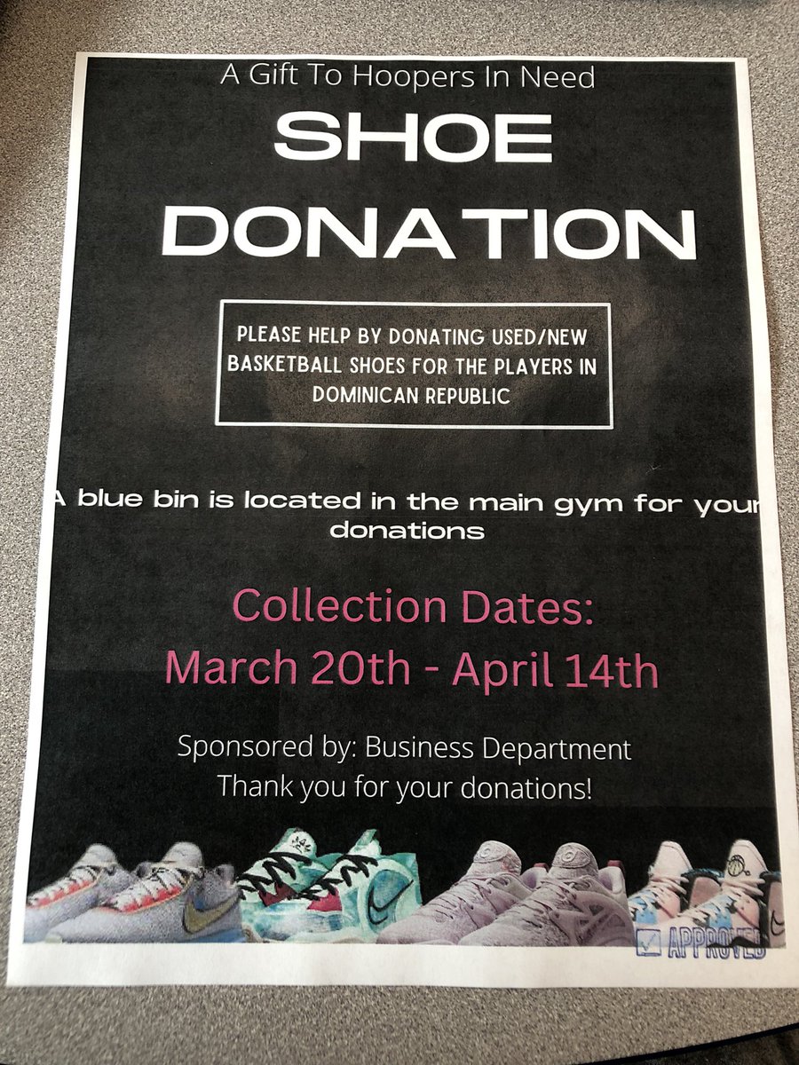 I’m doing a basketball shoe donation for the basketball players in Dominican Republic! Everybody should have a chance to play in comfort. Please help by donating used/new basketball shoes. Drop donations off in the main gym. Thank you! <a href="/OCFSD/">Oak Creek Schools</a> <a href="/Athletics_OCHS/">Knights Athletics</a> <a href="/MjLataille/">Mr. Lataille</a>