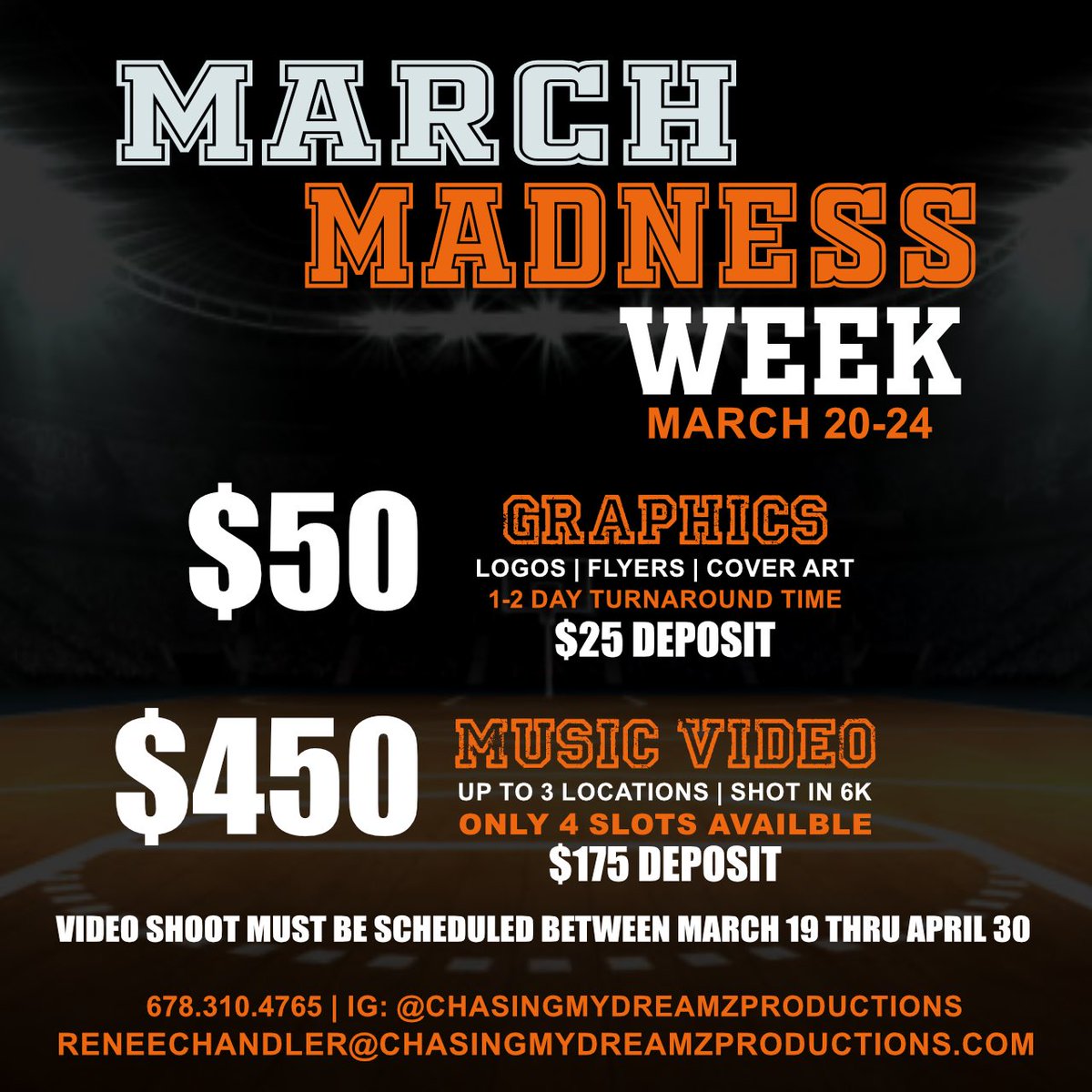 MARCH MADNESS SPECIAL
THIS WEEK ONLY! (03/20-03/24)

Deposits have to be made this week to lock in the special.
•
•
•
#marchmadness #fyp #logo #musicvideo #graphics #coverart #flyer #atlanta #atlantarappers #atlantaartists #logodesign #basketball #concert #music #womensmonth