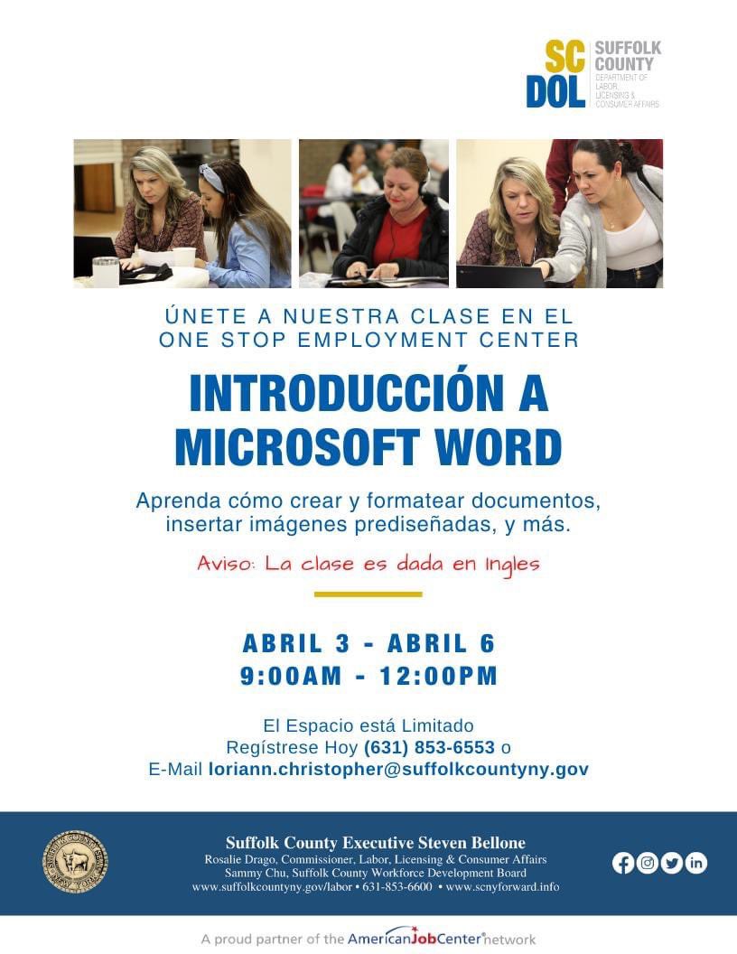 SuffolkLabor's tweet photo. The Suffolk County One-Stop Employment center will be hosting an in-person multiple day course for Microsoft Word and Excel!
Space is limited!
To register, call (631)853-6553 or email loriann.christopher@suffolkcountyny.gov
#LIatWork #SucceedInSuffolk #Microsoft #Workshops https://t.co/IppSpE67jO