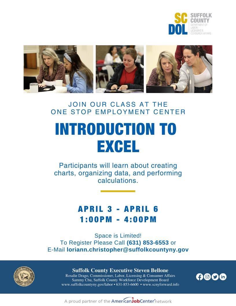 SuffolkLabor's tweet photo. The Suffolk County One-Stop Employment center will be hosting an in-person multiple day course for Microsoft Word and Excel!
Space is limited!
To register, call (631)853-6553 or email loriann.christopher@suffolkcountyny.gov
#LIatWork #SucceedInSuffolk #Microsoft #Workshops https://t.co/IppSpE67jO