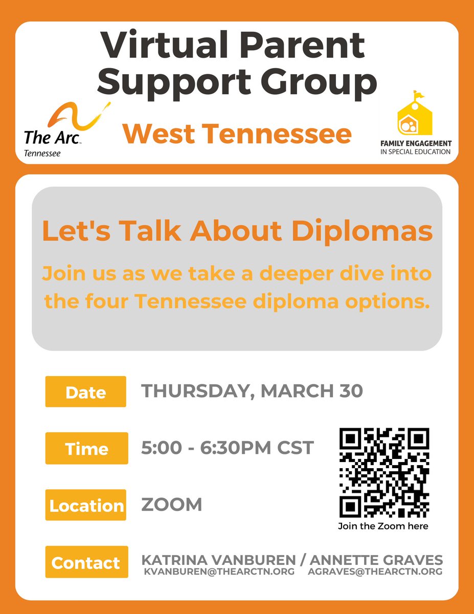 FESPED_TN's tweet image. Let's Talk About Diplomas
This session will take a deeper dive into the four Tennessee Diploma Options.

#WestTN #Virtual #ParentSupportGroup #SpecialEducationTN #FamilyEngagement