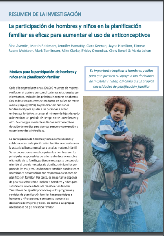 La participación de hombres y niños en la planificación
familiar es eficaz para aumentar el uso de anticonceptivos: qub.ac.uk/sites/involve-…