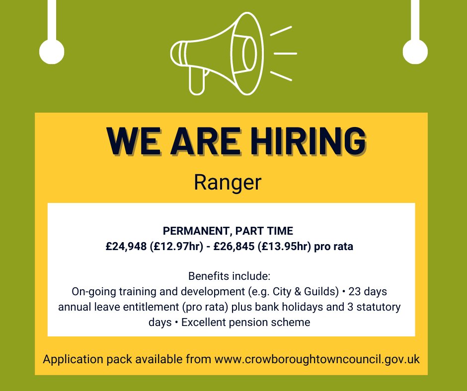JOB VACANCY - RANGER. Check out the candidate pack on our vacancies page: crowboroughtowncouncil.gov.uk/abou.../vacanc… 
Closing date for applications - 5th April 2023, 12noon #Crowborough #crowboroughjobs #jobsineastsussex #rangerjobs