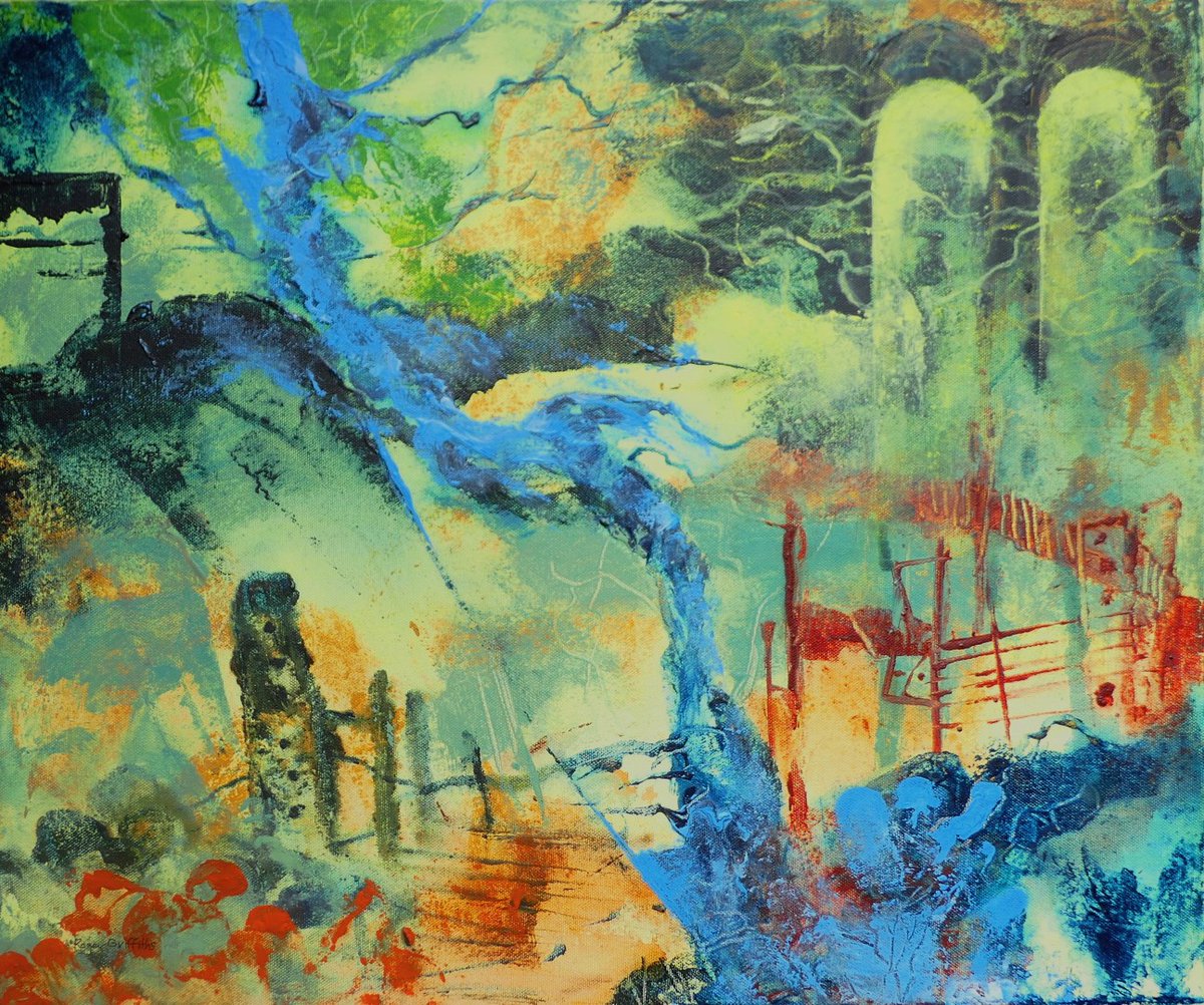 "Denthead viaduct, Dales Way, Yorkshire", acrylic and mixed media on canvas. This is an abstracted composite reaction to the part of the Dales Way in the beautiful Dentdale valley. At the top is the viaduct, the river always alongside and various unique features appear