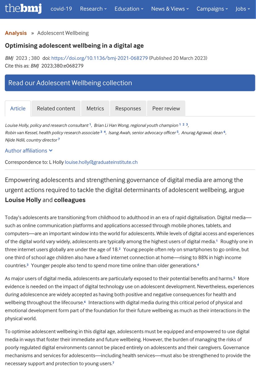 brianwong_'s tweet photo. [#PublicationAlert to kick off #IAHW2023]
Thrilled to share our contribution to @PMNCH special collection @BMJ_latest in which we call for urgent action to address #digitaldeterminants of #adolescent #wellbeing.

https://t.co/mo1a6WBHx3

#1point8 #Adolescents2030 #digitalhealth https://t.co/EOrPjrPXLn