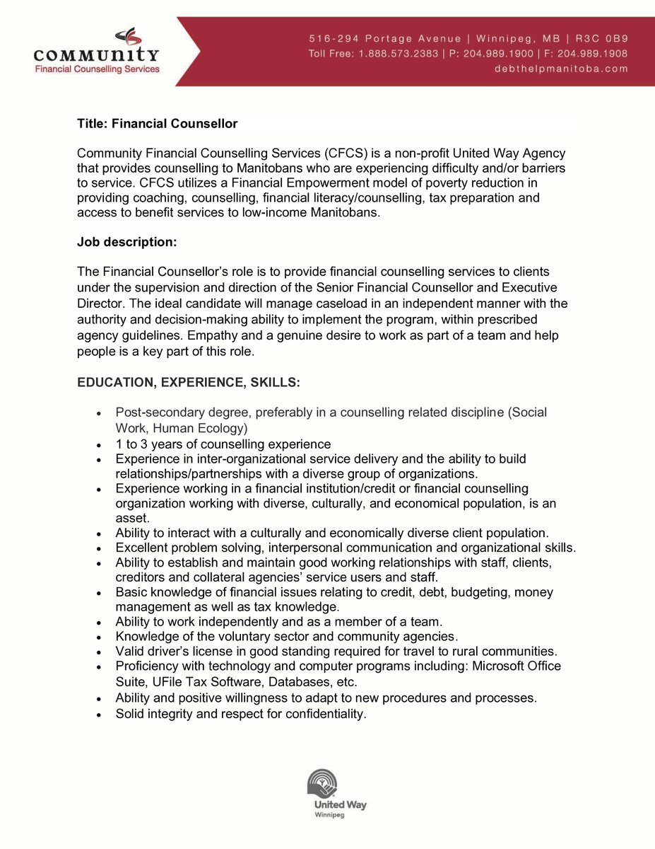Cfcsmb's tweet photo. CFCS is hiring for a Financial Counsellor position. The deadline to apply is March 24th. please apply on Indeed.
https://t.co/mySDLeXvrm https://t.co/pIfLjn89HB
