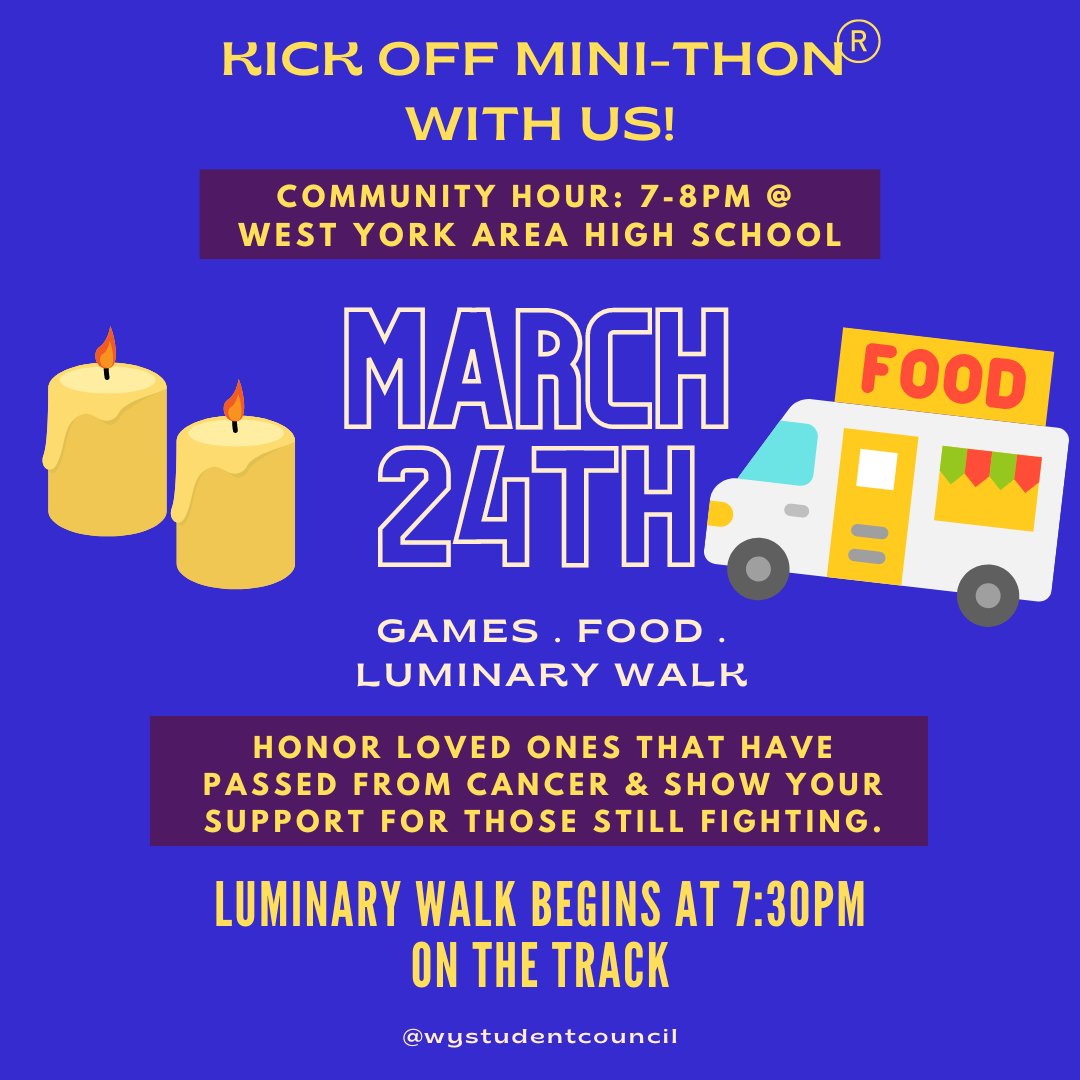 WY Mini-THON kicks off with a COMMUNITY HOUR on Friday at 7:00 PM! 

The community is invited to join us at the High School, purchase and enjoy some yummy items from the food trucks, and honor loved ones lost to cancer with our Luminary Walk at 7:30 PM.

#wyproud <a href="/WYASDSupt/">WYASD Supt. Davies</a>