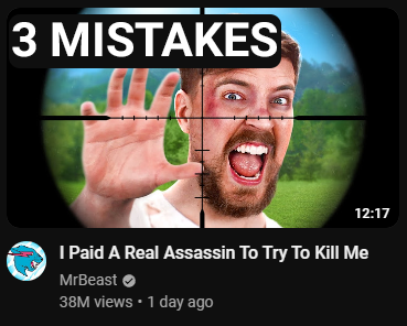 Everyone loves to praise <a href="/MrBeast/">MrBeast</a> videos...

I'm here to tell you the editing has got to improve.

Here's 3 mistakes in "I Paid A Real Assassin To Try To Kill Me" that could've easily been fixed.

//🧵\\
youtu.be/YLt73w6criQ