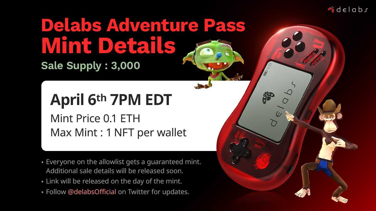 We’re minting our Adventure Pass on April 6th. The Adventure Pass unites all Delabs games by giving holders in-game benefits. Join the allowlist raffle on Premint here: premint.xyz/delabs-adventu…