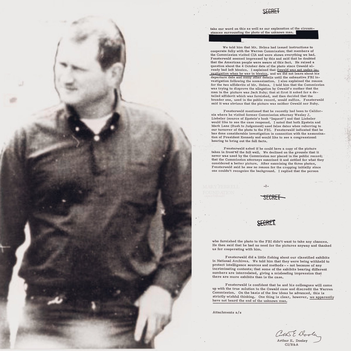 FilesJFK's tweet photo. Arthur Dooley of Counterintelligence reports to DC/CI Ray Rocca on an interview with Bernard Fensterwald in April 1971. Fensterwald claims to have had contact with the ‘unknown man’ photographed in Mexico City, who he says met with Oswald while there and that #CIA has a thick file on the ‘unknown man’…