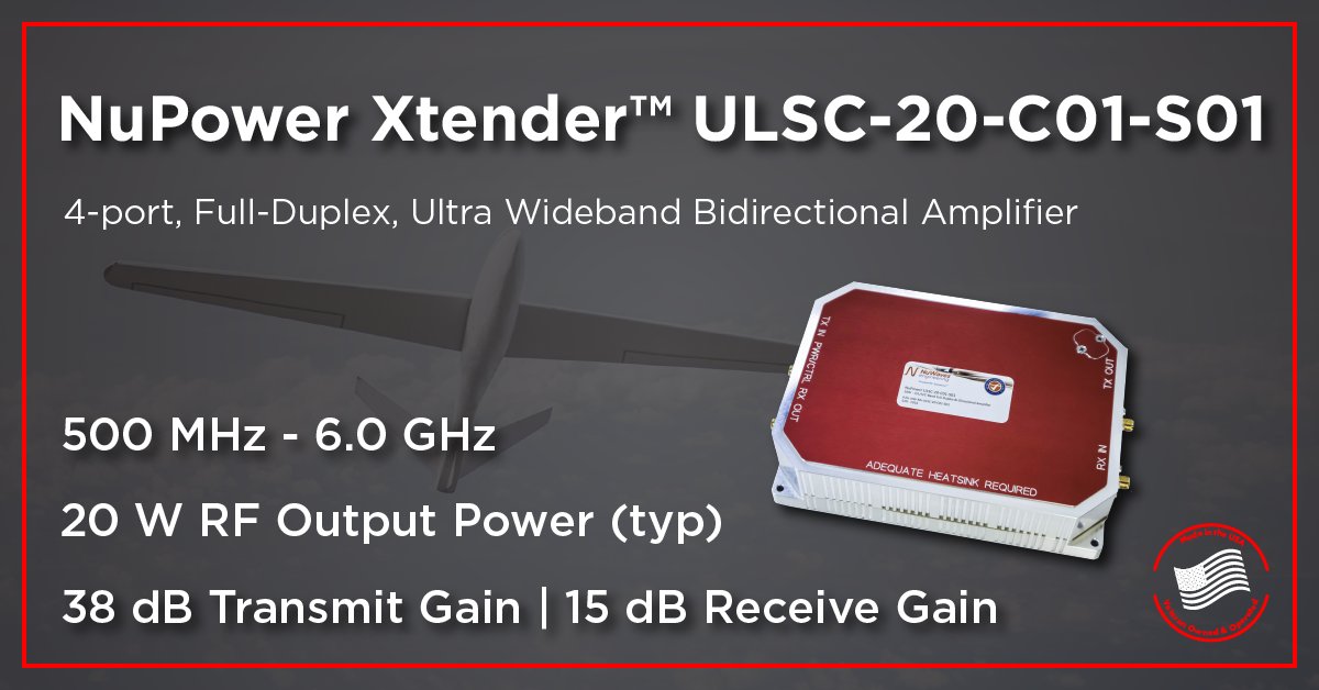 NuWaves's tweet photo. The NuPower Xtender™ ULSC-20-C01-S01 Bidirectional Power Amplifier  is a small, lightweight, and power-efficient 4-port full-duplex bidirectional amplifier ideal for extending the communication range of full-duplex wideband transceivers. 

https://t.co/6yjnpMHxa1 https://t.co/GCkvoijO3A