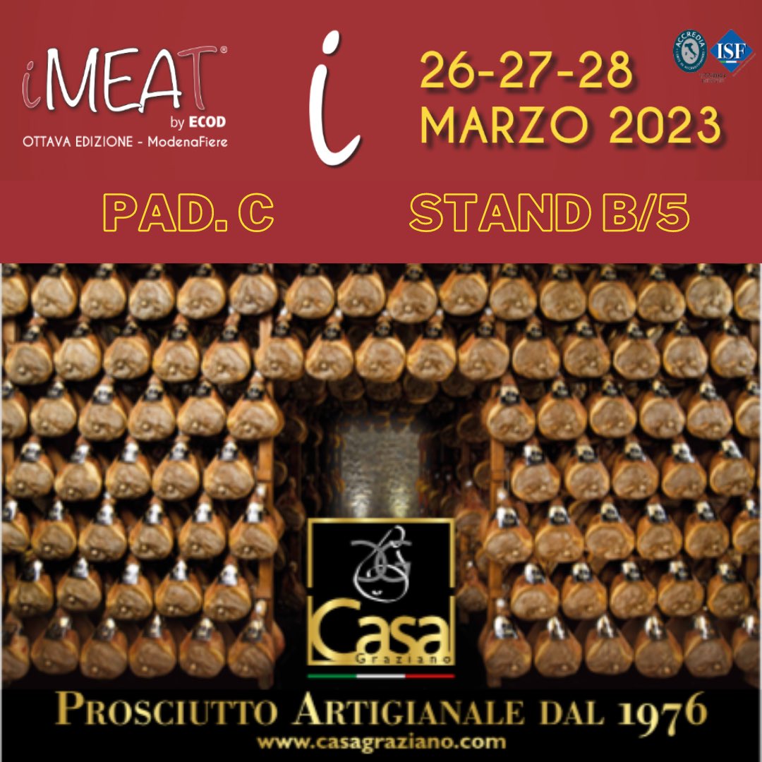 Da Domenica 26 a martedì 28 Marzo ci troverai ad #imeat #modena #fiera dedicata al mondo della macelleria, gastronomia e ristorazione specializzata. #fieramodena
Ti aspettiamo allo STAND B/5 Padiglione C.
Ingresso gratuito con registrazione online obbligatoria. #prosciuttodiparma