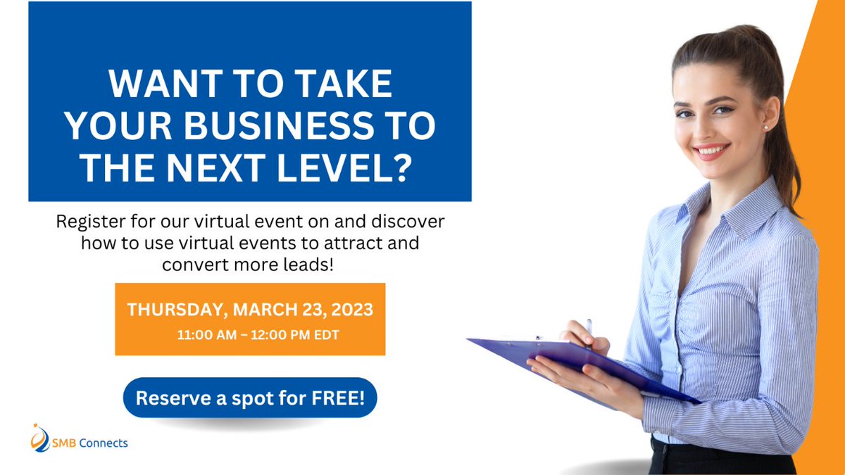 Want to take your business to the next level? Register for our virtual event on March 23, 2023, 11:00 AM – 12:00 PM EDT, and discover how to use virtual events to attract and convert more leads! eventbrite.com/e/grow-your-pr… #BusinessDevelopment #VirtualMarketing