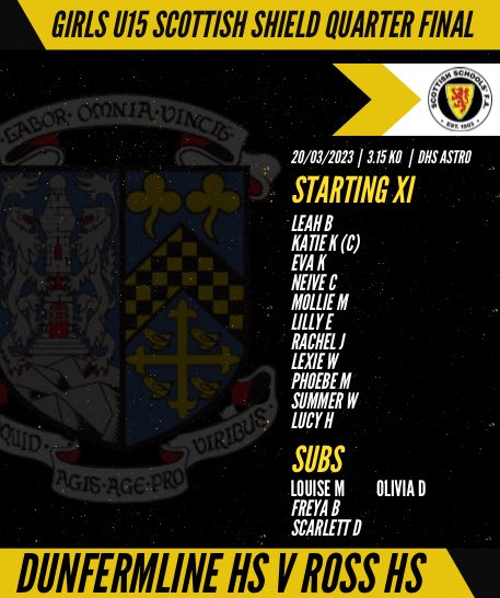 DunfermlinePE's tweet photo. Girls U15⚽️

@DunfermlineHS 2 🆚 Ross HS 1

🏴󠁧󠁢󠁳󠁣󠁴󠁿🛡️ @sschoolsfa Quarter Final

What an amazing achievement for all girls involved, doing DHS &amp; @FifeSchoolsFA proud👏🏻👏🏻

Semi Final info will be posted when we have it👀

📸 Squad for today’s game

🖤💛🖤💛🖤💛🖤 https://t.co/t40NO2wdRY