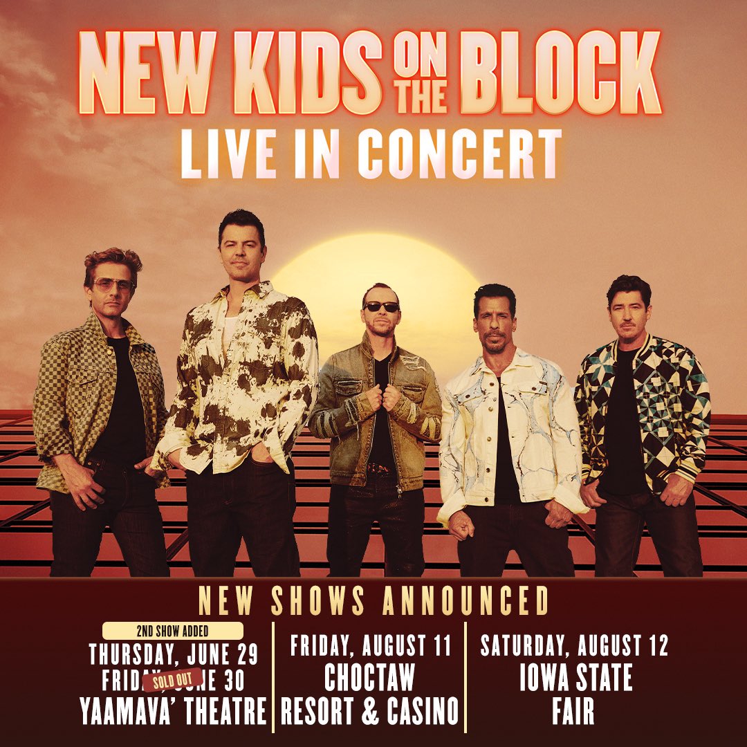 NKOTB's tweet photo. Hey Blockheads! We couldn’t stay away from you for too long so we are playing a few shows this summer! We’ve added a 2nd show at @Yaamava Casino on June 29th. We’ll also be performing at the @ChoctawCasinos on August 11 and at the historic @IowaStateFair on August 12. https://t.co/FKtlNLdiVX