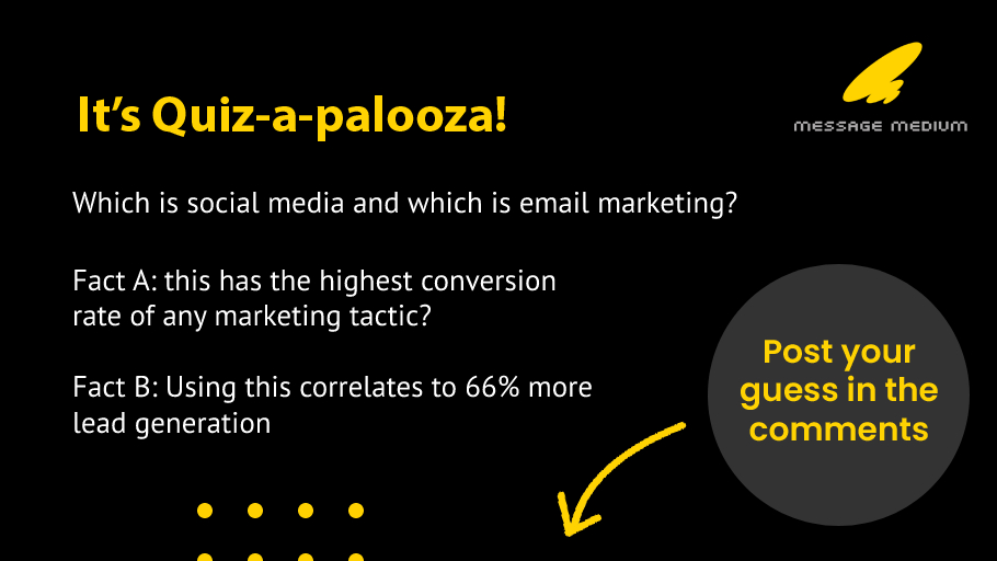 messagemedium's tweet photo. Welcome to Quiz-a-palooza Round 7! The topic? Email Marketing! Do you know what kinds of results you can get from email vs social media?
Reply with an answer before Friday and you could win a free 45-min working session w/@MaishaWalker.
https://t.co/QJS0kO78oQ https://t.co/97dsMbtZmg