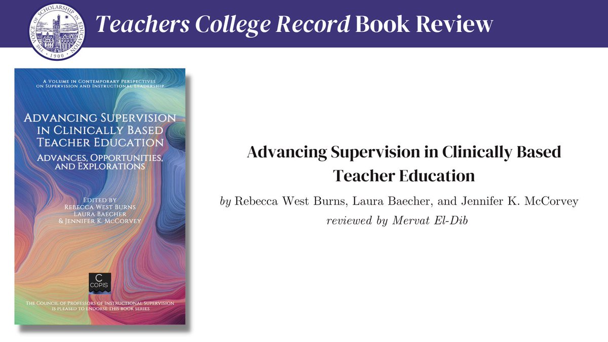 In their book, editors Dr. <a href="/bburns/">Dr. Rebecca West Burns</a>, Dr. Baecher, &amp; Dr. <a href="/teammccorvey4/">Jennifer</a> "successfully manage to weave a tapestry that represents the intricate aspects of clinical teacher education." Read Dr. <a href="/mereldib/">Mervat A. El-Dib</a>'s review: ow.ly/uuN450NmE4K <a href="/InfoAgePub/">IAP</a>