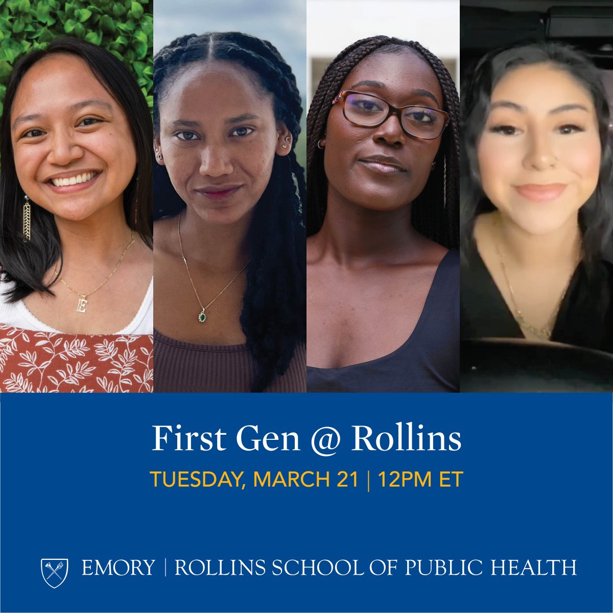 EmoryRollins's tweet photo. Tomorrow, Mar. 21 at 12 PM ET | Learn how first-generation students at Rollins use their experiences to make an impact in the field of public health. Register: https://t.co/9Ew4REAICn
#FirstGen #FirstGeneration #MPHStudent https://t.co/evbgpJj5M0
