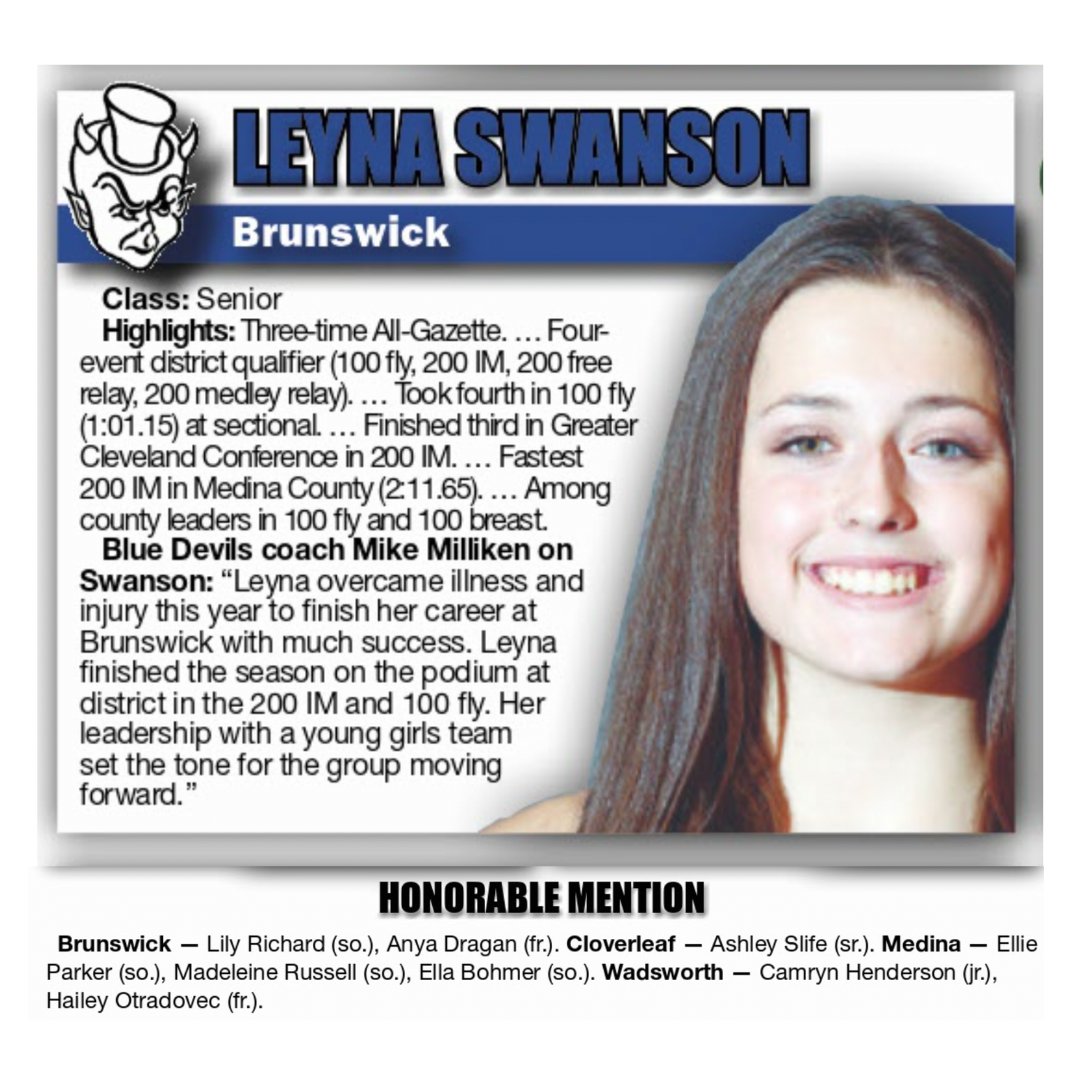 BrunswickCSD's tweet photo. Congrats to @BCSDBrunswickHS student-athlete Leyna Swanson for earning First Team All @MedinaGazette honors from girls swimming!  Congratulations to Lily Richard and Anya Dragan for earning an honorable mention!  #BrunswickPRIDE #DedicatedToEXCELLENCE #JourneyOfABlueDevil https://t.co/YTZWVvsGXw