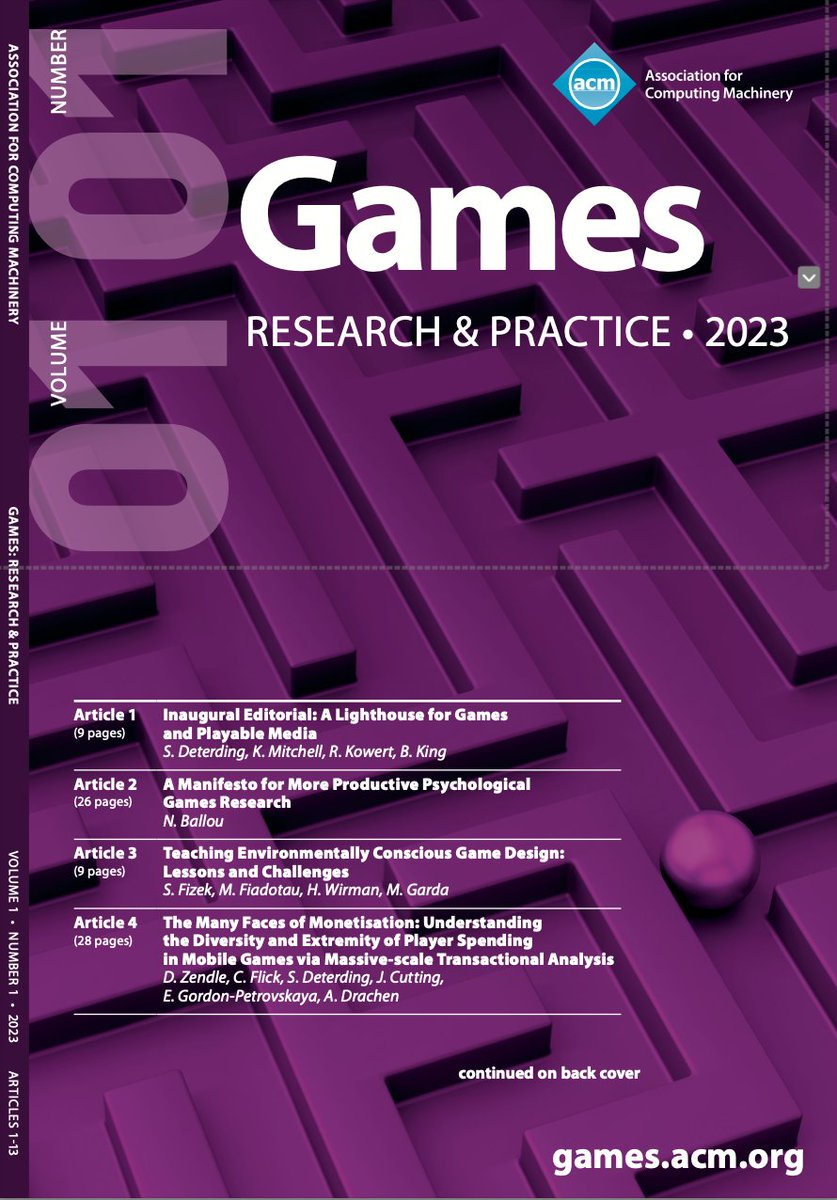 Sebastian Deterding (@dingstweets) on Twitter photo After years in the making, we are launching the first issue of <a href="/GamesACM/">ACM Games: Research and Practice</a> today at GDC! To celebrate the occasion, all articles are freely available now at dl.acm.org/toc/games/2023… After years in the making, we are launching the first issue of <a href="/GamesACM/">ACM Games: Research and Practice</a> today at GDC! To celebrate the occasion, all articles are freely available now at dl.acm.org/toc/games/2023…