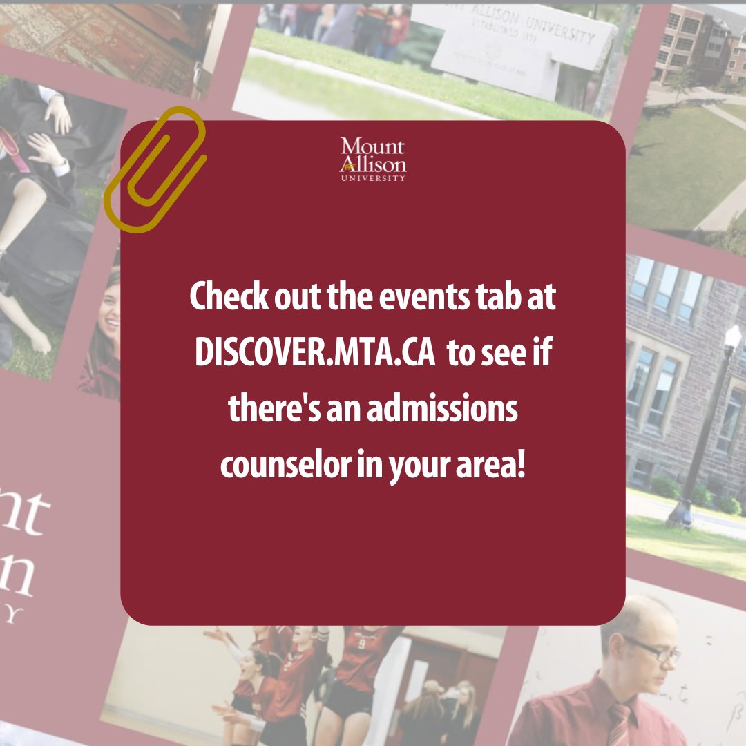 Chat with an admissions counselor visiting your area! 

Upcoming visits include:
Barbados (March 20-22) 
Trinidad & Tobago (March 23-24).  

For more details, check out the events tab at discover.mta.ca and learn about all the exciting opportunities that MtA offers!