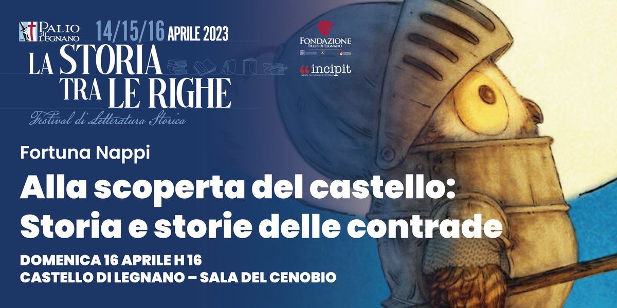 Domenica 16 aprile alle ore 16:00 e alle ore 17:00 laboratorio sul #PalioDiLegnano con Fortuna Nappi a #LaStoriaTraLeRighe #FestivalDiLetteraturaStorica #Legnano 

<a href="/salanieditore/">Salani Editore</a> <a href="/CastelloEditore/">Castello Editore</a>  <a href="/Arte_Seta_Lisio/">Fondazione Lisio</a> <a href="/Unicatt/">Università Cattolica</a> <a href="/unimib/">Università degli Studi di Milano-Bicocca</a> 

info e prenotazioni:
bit.ly/3Z37FPI