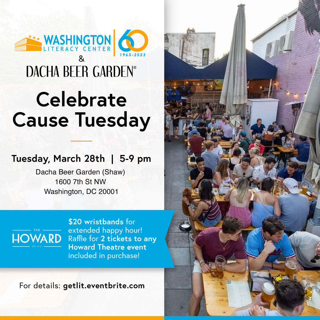 WASHLIT's tweet image. Meet us at @DachaDC’s Shaw location on 3/28 for #CauseTuesday! Wristband purchasers will get extended happy hour prices and be entered into a raffle for 2 free tickets to ANY @HowardTheatre event. 🍻🎉📚

Tickets can be purchased at getlit.eventbrite.com. Get yours today!
