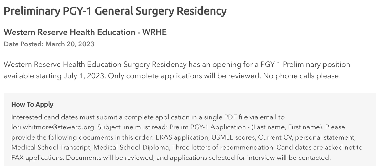 Inside_TheMatch's tweet image. Open #Prelim PGY-1 #GeneralSurgery Position: Spot available at Western Reserve Health Education in Ohio to start in July 2023. #Unmatched #Scramble #InsideTheMatch #surgery
