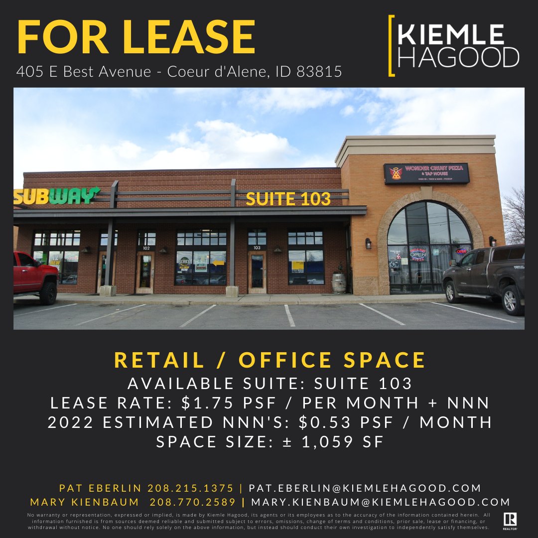 FOR LEASE
Retail/Office Space
405 E Best Avenue - Coeur d'Alene, ID 83815
Contacts: Pat Eberlin at 208.215.1375 or Mary Kienbaum at 208.770.2589 

Flyer Link:  members.catylist.com/api/images/dat…

#kiemlehagood #peteberlin #marykienbaum #coeurdaleneid #forlease